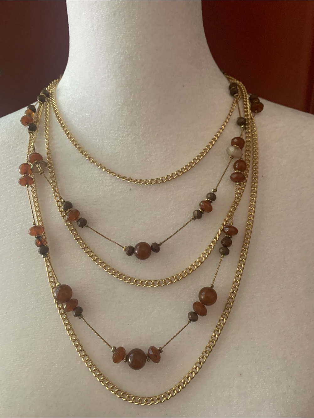 Layered Gold-Tone Necklace with Brown Bead Accents